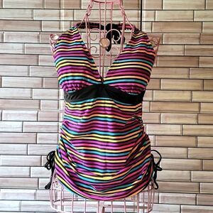 Joe Boxer Tankin swimsuit halter top Multicolor Striped Womens Size L